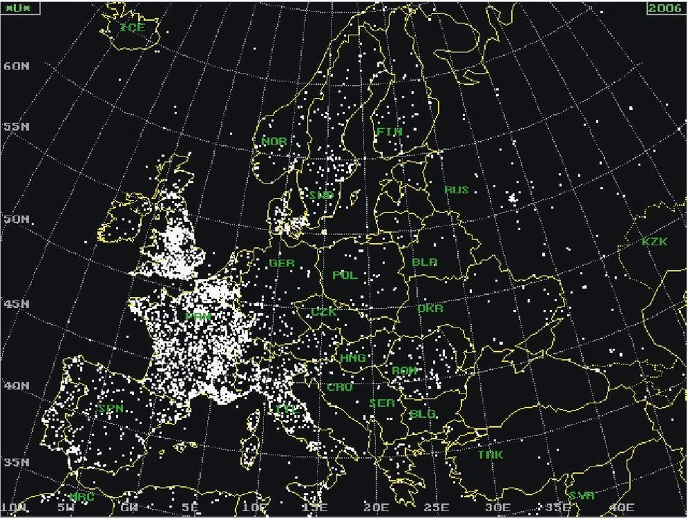 234.Mapa pozorovaní UFO v Európe